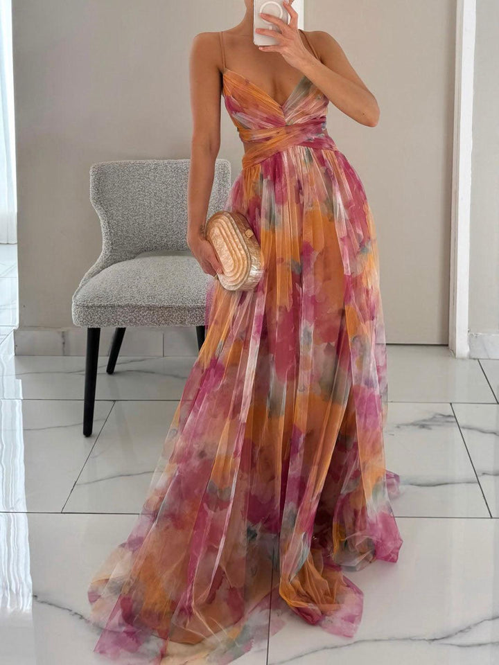 Effortless Watercolor Floral Maxi Dress for Women with V Neck Spaghetti Strap Crisscross Waist High Slit Flowing Style