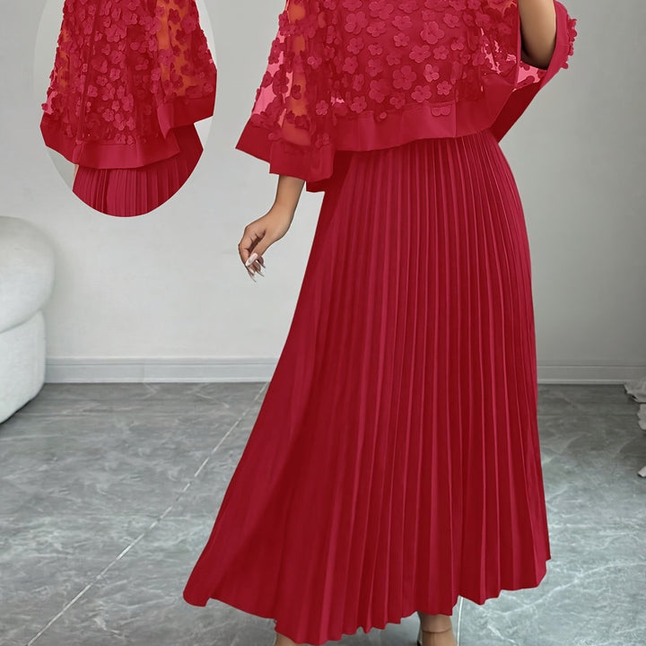 Elegant Floral Pleated Maxi Dress for Women with Round Neck Cape Sleeve Appliqué Flowing Formal Wedding Guest Style
