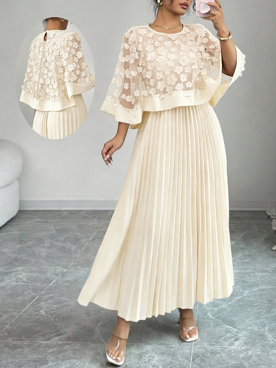 Elegant Floral Pleated Maxi Dress for Women with Round Neck Cape Sleeve Appliqué Flowing Formal Wedding Guest Style