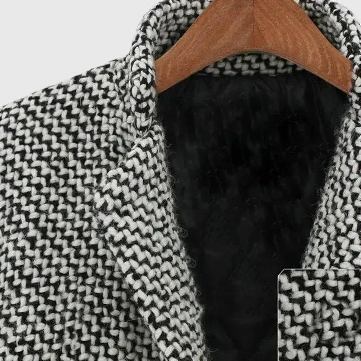 Elegant Gray Houndstooth Tweed Coat for Women with Notched Lapel Long Sleeve Longline Relaxed Style