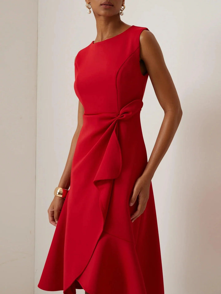 Elegant Draped Midi Dress for Women with Boat Neck Sleeveless Asymmetric Ruffle Hem Cocktail Style