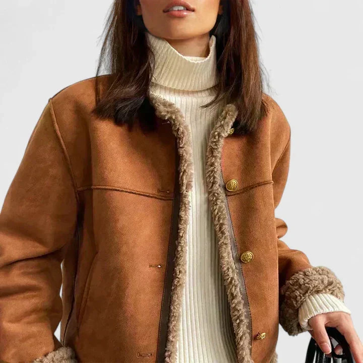 Elegant Brown Suede Shearling Jacket for Women with Round Neck Long Sleeve Button Front Cropped Style
