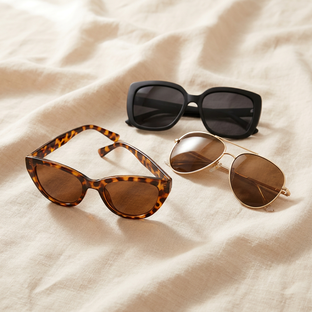 Three pairs of Daniela Boutique sunglasses arranged on pale linen