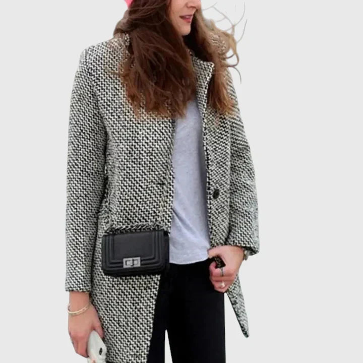 Elegant Gray Houndstooth Tweed Coat for Women – view 2