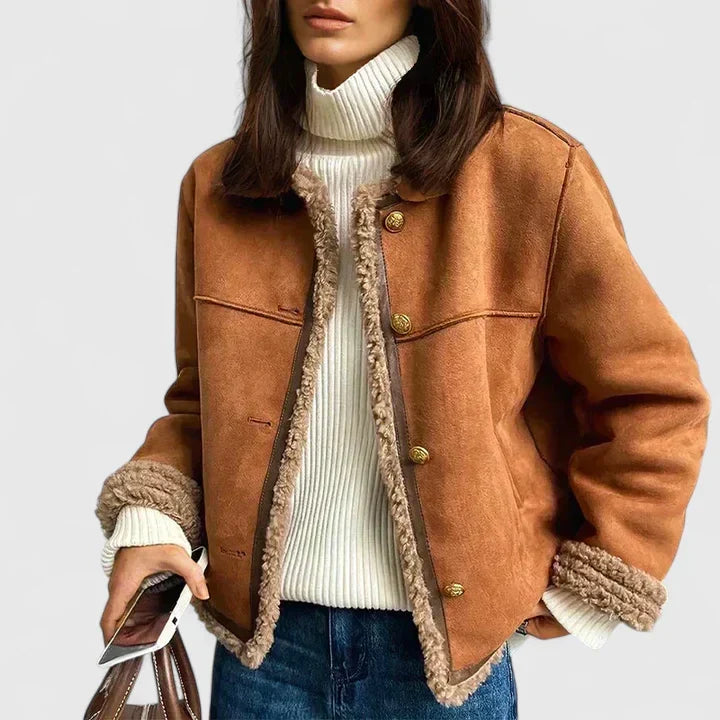Elegant Brown Suede Shearling Jacket for Women with Round Neck Long Sleeve Button Front Cropped Style