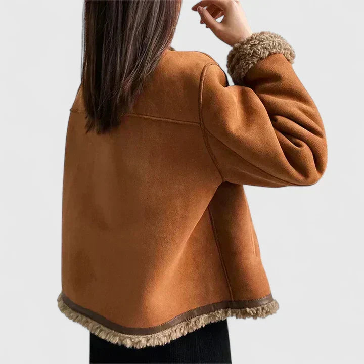 Elegant Brown Suede Shearling Jacket for Women with Round Neck Long Sleeve Button Front Cropped Style