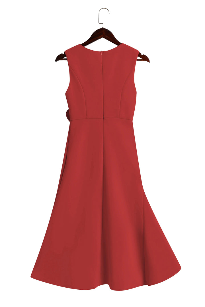 Elegant Draped Midi Dress for Women with Boat Neck Sleeveless Asymmetric Ruffle Hem Cocktail Style