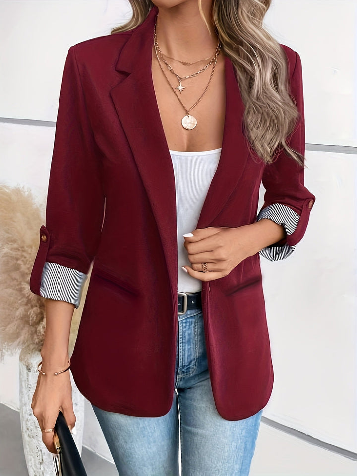 Effortless Blazer for Women with Lapel Collar Long Sleeve Striped Cuff Open Front Casual Style