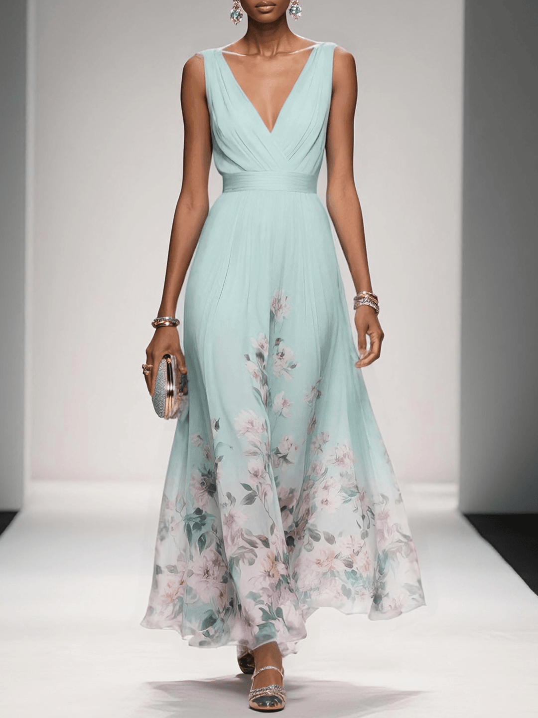 Elegant Floral Maxi Dress for Women with V Neck Sleeveless Wrap Waist Flowing Wedding Guest Style
