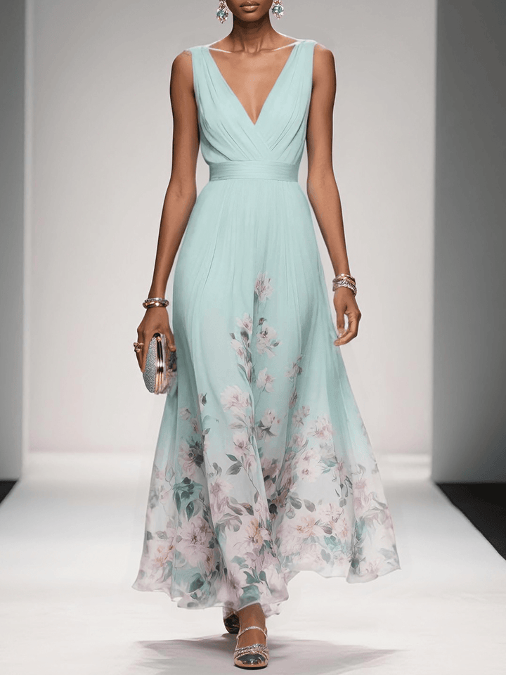 Elegant Floral Maxi Dress for Women with V Neck Sleeveless Wrap Waist Flowing Wedding Guest Style
