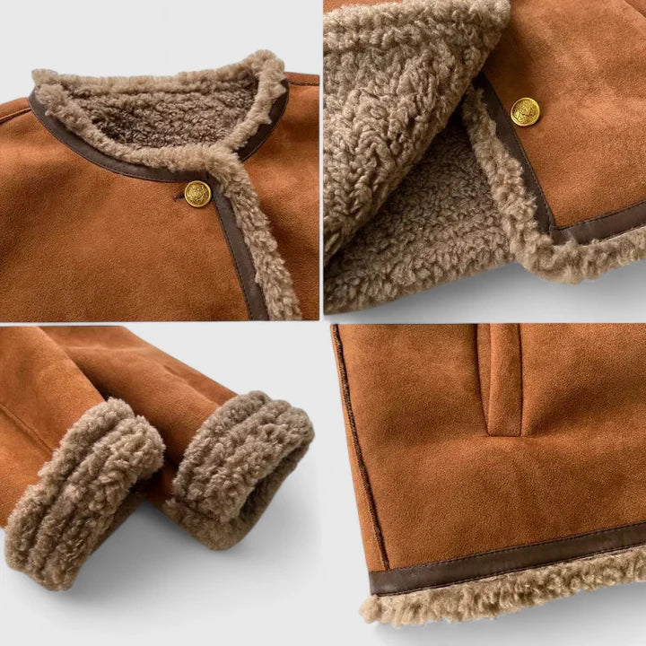 Elegant Brown Suede Shearling Jacket for Women with Round Neck Long Sleeve Button Front Cropped Style