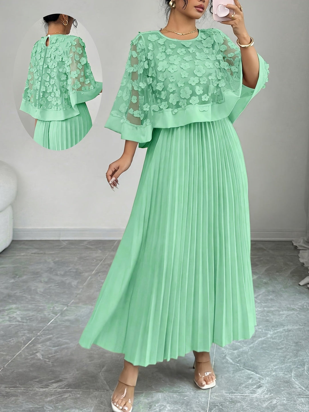 Elegant Floral Pleated Maxi Dress for Women with Round Neck Cape Sleeve Appliqué Flowing Formal Wedding Guest Style