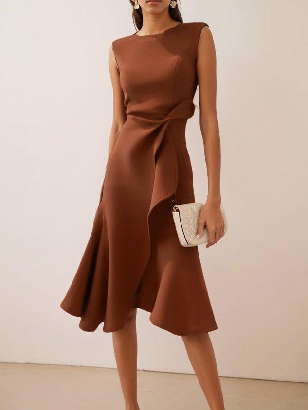 Elegant Draped Midi Dress for Women with Boat Neck Sleeveless Asymmetric Ruffle Hem Cocktail Style