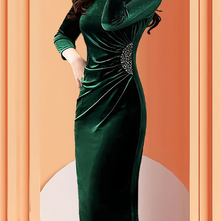 Elegant Velvet Midi Dress for Women with Round Neck Elbow Sleeve Ruched Beaded Bodycon Cocktail Style