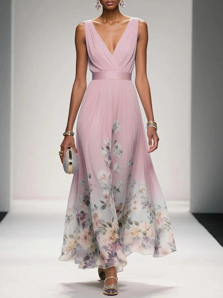 Elegant Floral Maxi Dress for Women with V Neck Sleeveless Wrap Waist Flowing Wedding Guest Style