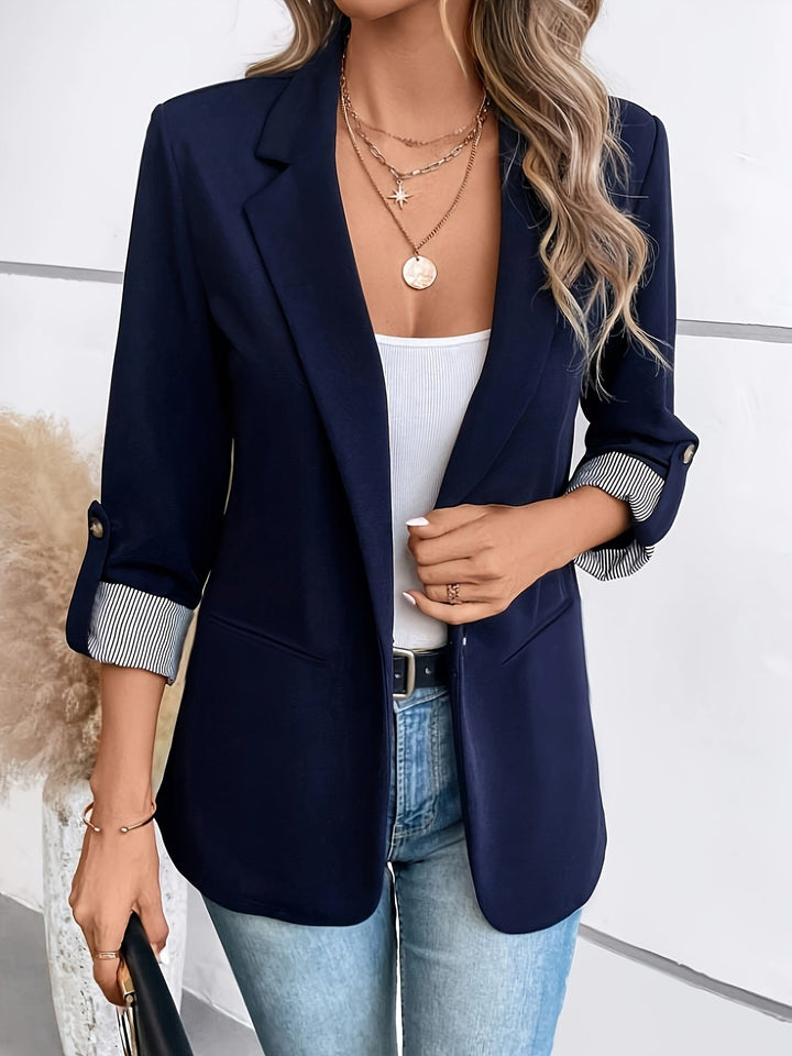 Effortless Blazer for Women with Lapel Collar Long Sleeve Striped Cuff Open Front Casual Style