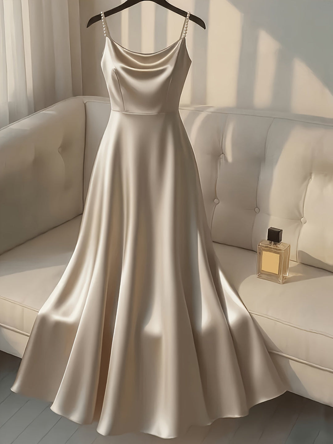 Elegant Satin Maxi Dress for Women with Cowl Neck Pearl Strap Flowing Formal Wedding Guest Style