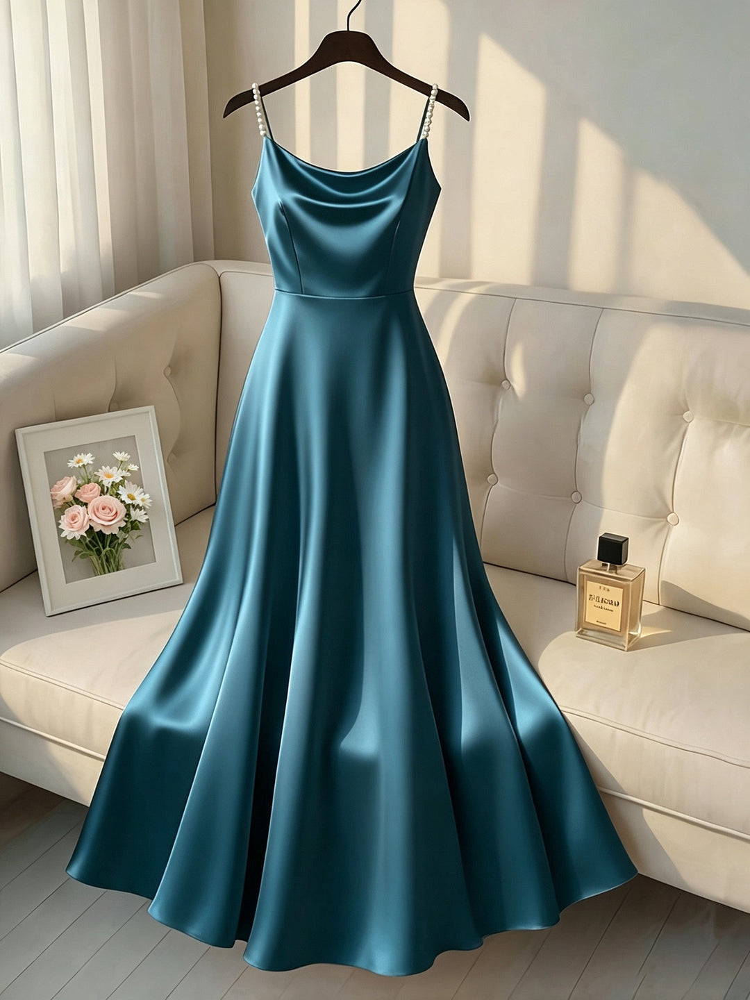 Elegant Satin Maxi Dress for Women with Cowl Neck Pearl Strap Flowing Formal Wedding Guest Style