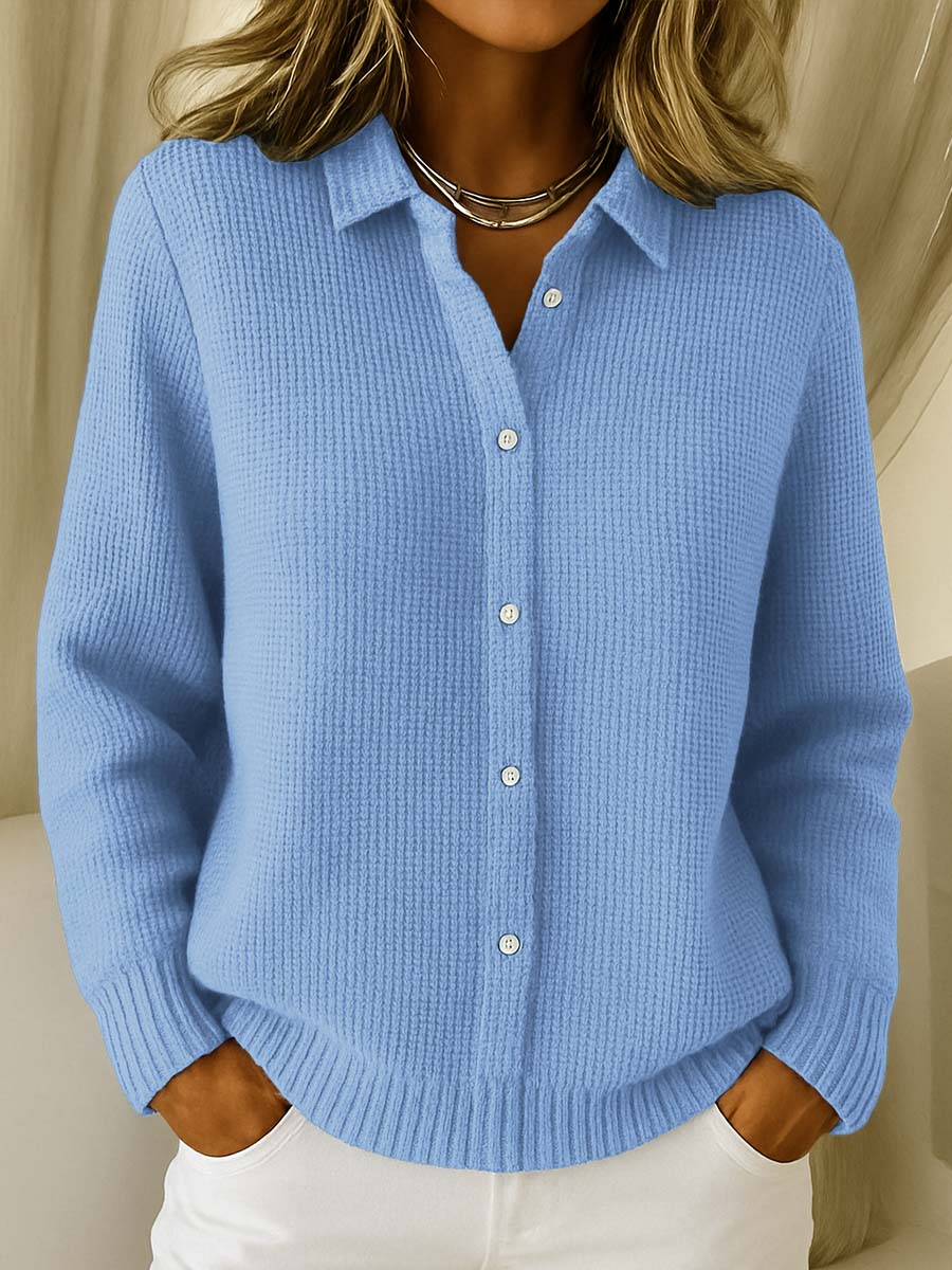 Comfortable Waffle Knit Blouse for Women with Collar Long Sleeve Button Front Relaxed Style