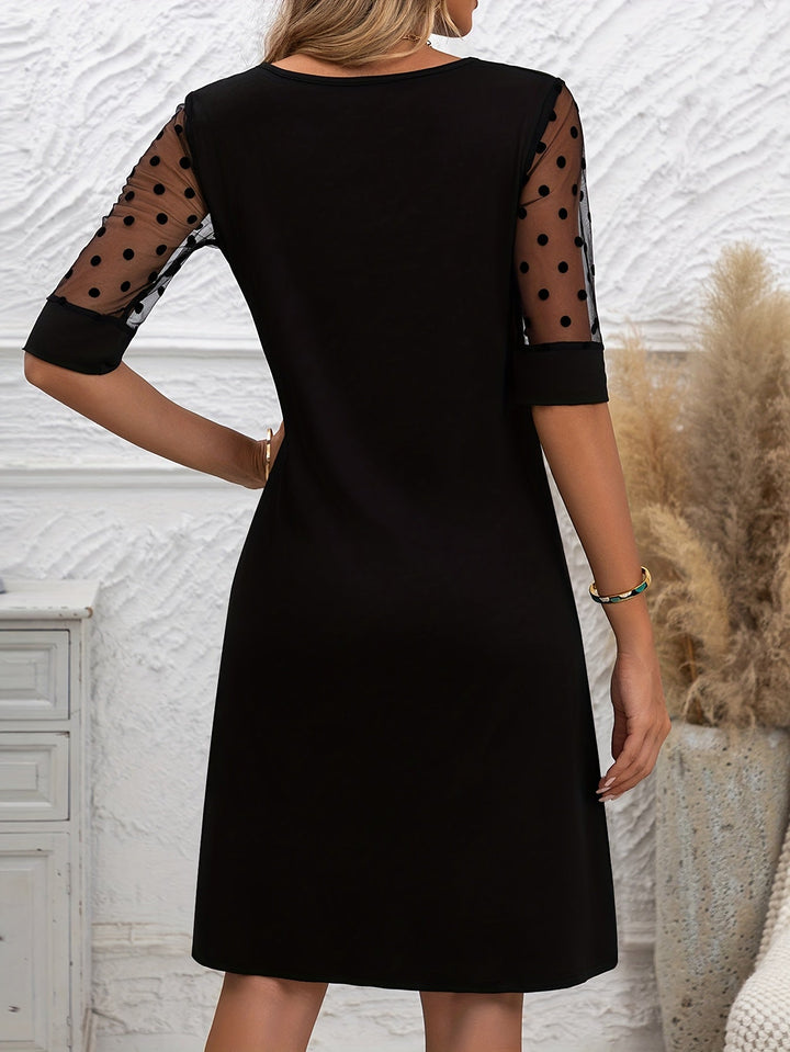Elegant Black Midi Dress for Women with Round Neck Elbow Sleeve Polka Dot Mesh Cocktail Style
