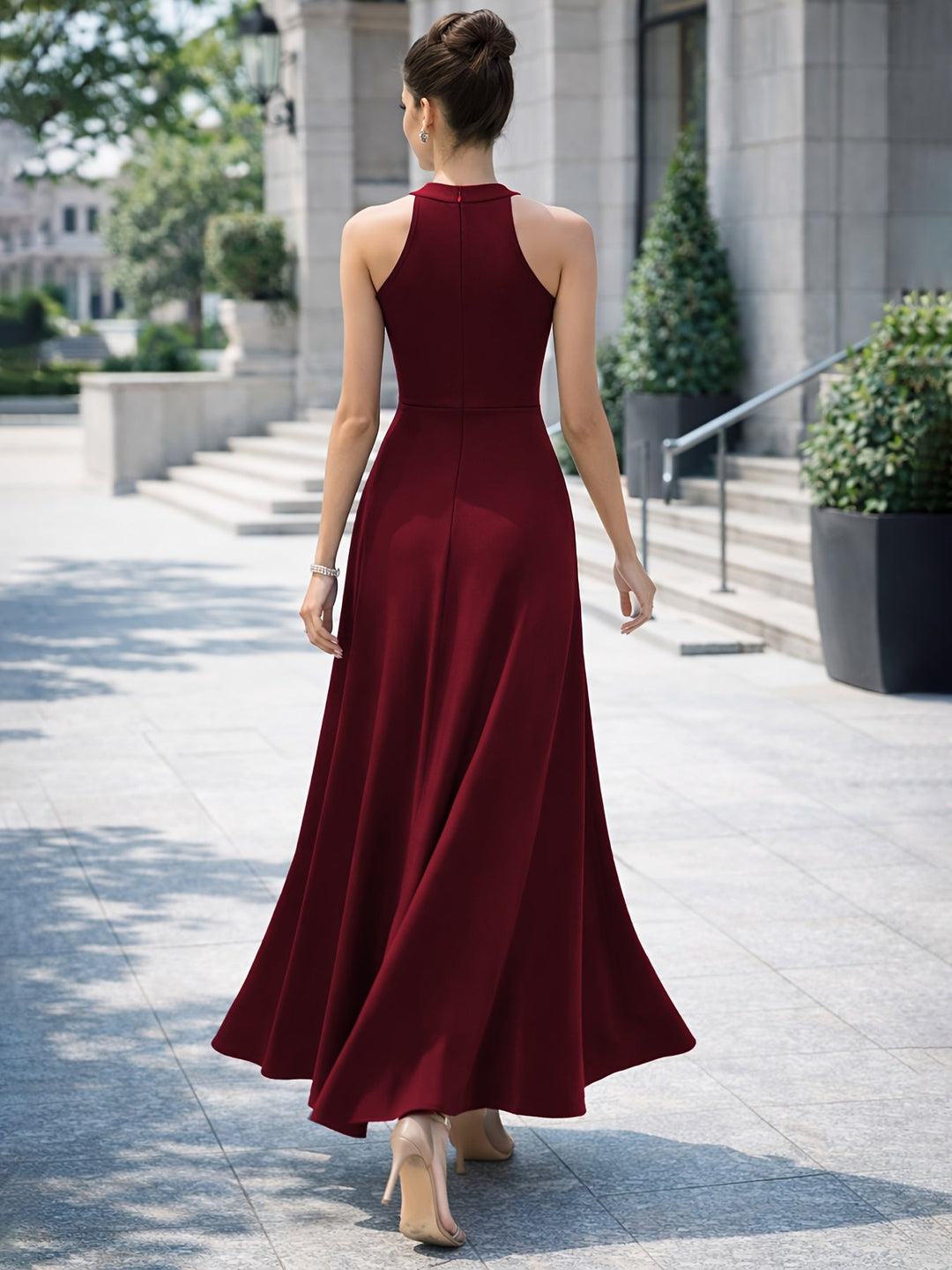 Elegant Maxi Dress for Women with High Neck Sleeveless High Slit A Line Flowing Formal Wedding Guest Style