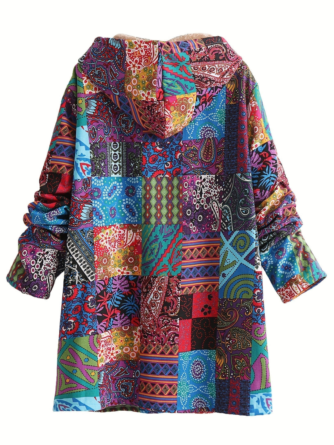 Effortless Patchwork Print Fleece Lined Coat for Women with Hooded Long Sleeve Button Front Oversized Bohemian Style