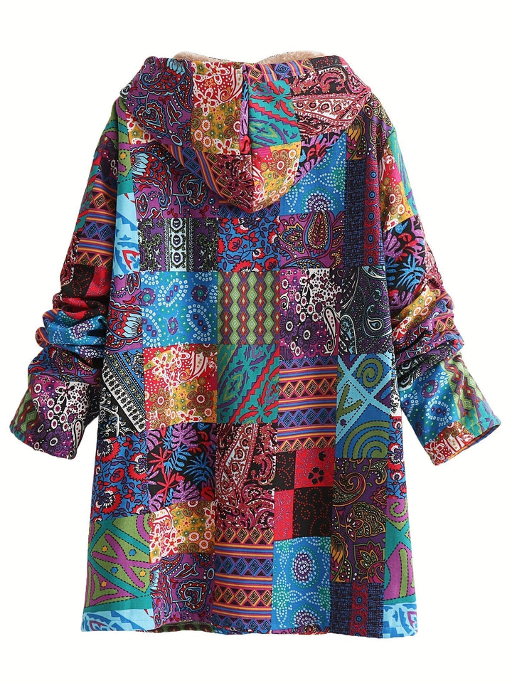 Effortless Patchwork Print Fleece Lined Coat for Women with Hooded Long Sleeve Button Front Oversized Bohemian Style