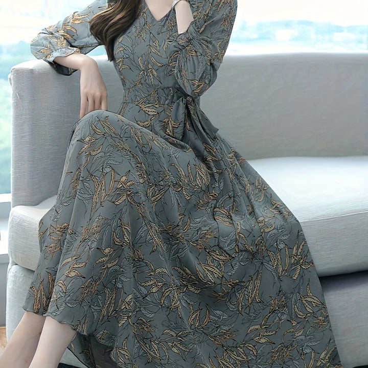 Elegant Sage Green Leaf Print Maxi Dress for Women with V Neck Long Sleeve Tie Waist Flowing Style
