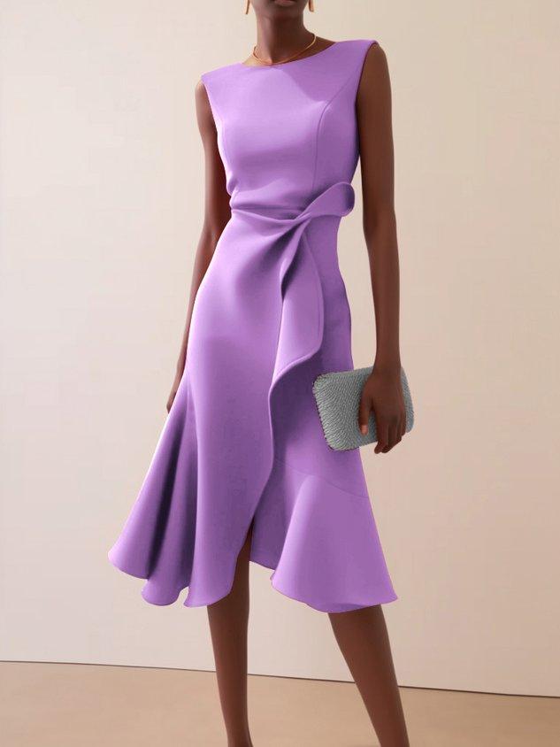 Elegant Draped Midi Dress for Women with Boat Neck Sleeveless Asymmetric Ruffle Hem Cocktail Style
