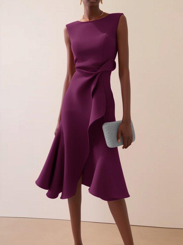 Elegant Draped Midi Dress for Women with Boat Neck Sleeveless Asymmetric Ruffle Hem Cocktail Style