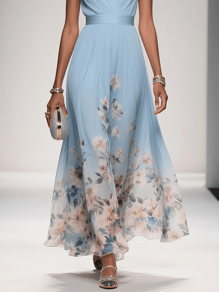 Elegant Floral Maxi Dress for Women with V Neck Sleeveless Wrap Waist Flowing Wedding Guest Style