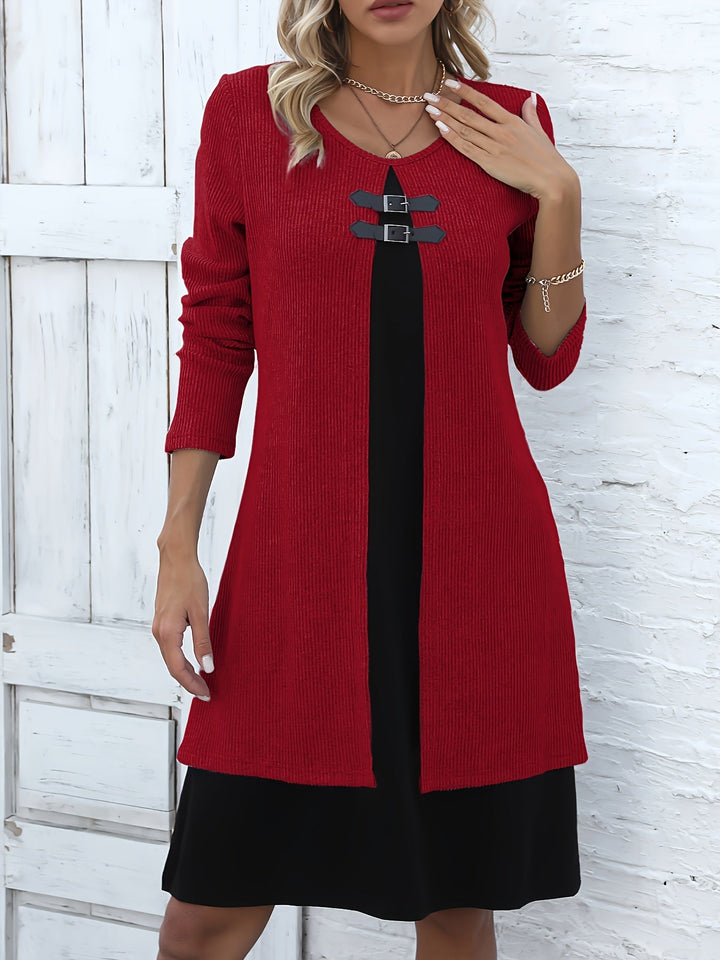 Comfortable Ribbed Knit Sweater Dress for Women with Round Neck Long Sleeve Buckle Detail Layered Style