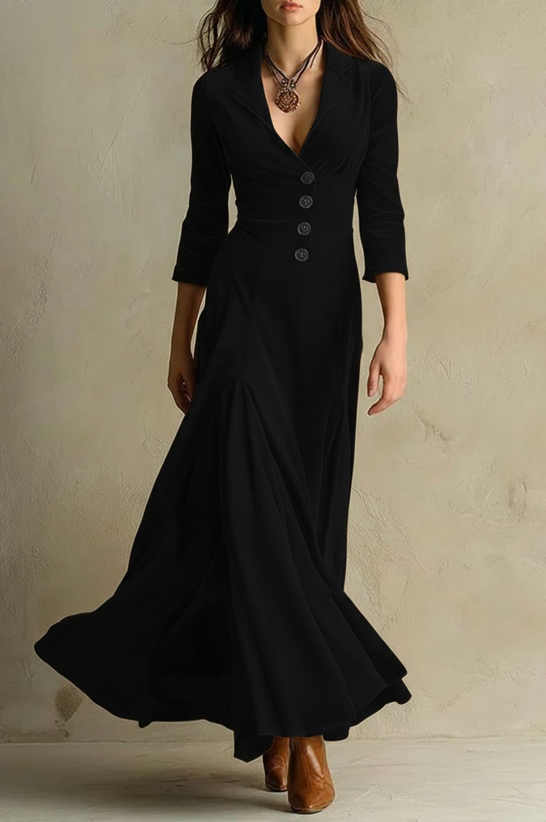Elegant Velvet Maxi Dress for Women with Notch Collar Elbow Sleeve Button Front Flared Vintage Style