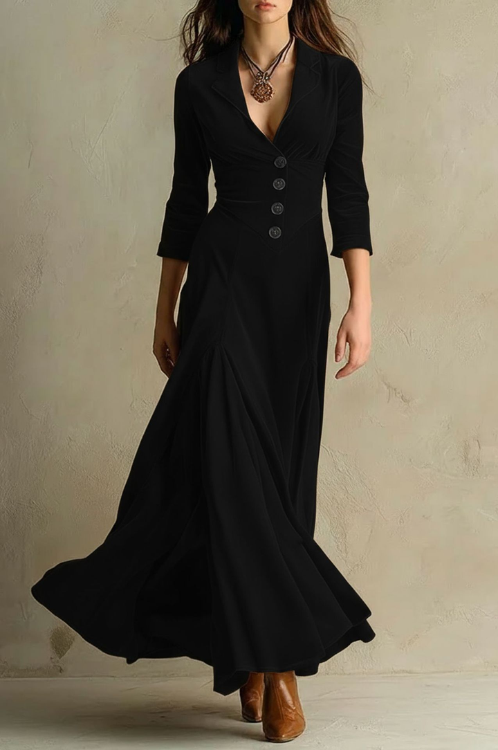 Elegant Velvet Maxi Dress for Women with Notch Collar Elbow Sleeve Button Front Flared Vintage Style