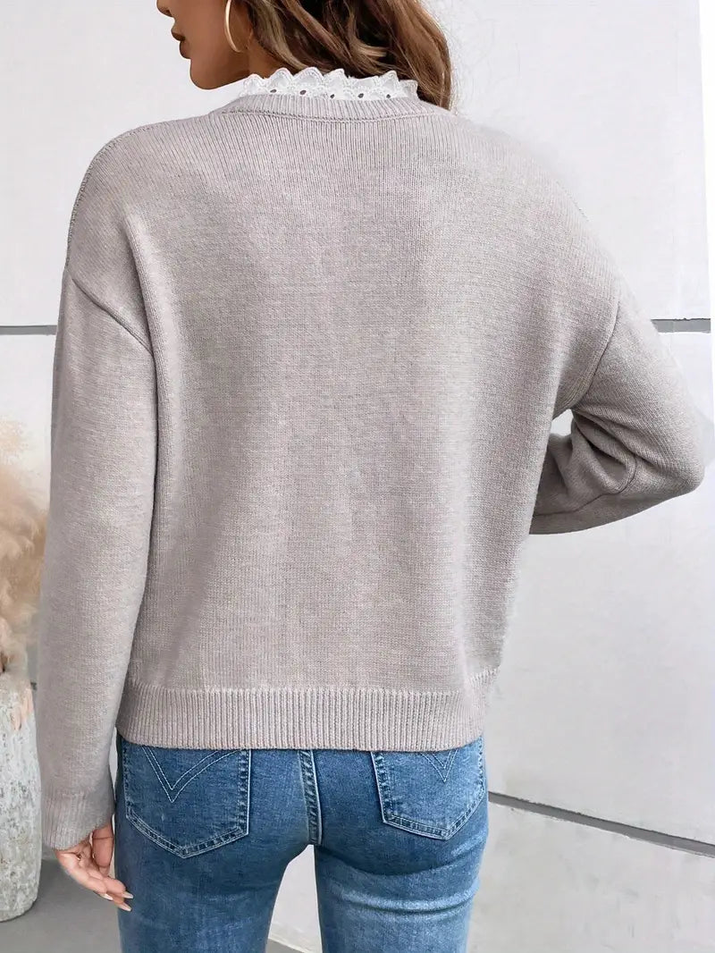 Comfortable Lace Trim Sweater for Women with V Neck Long Sleeve Relaxed Oversized Knit Style