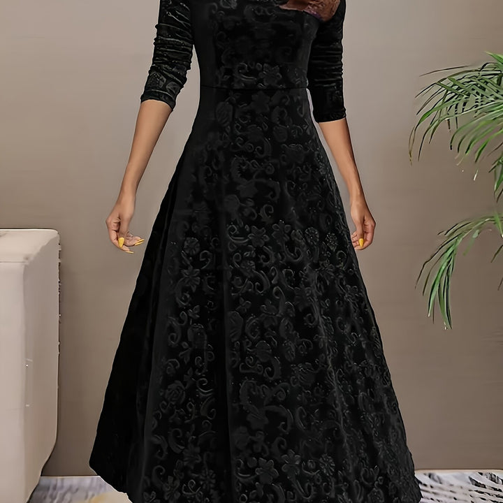 Elegant Velvet Floral Maxi Dress for Women with Square Neck Elbow Sleeve A Line Flowing Style