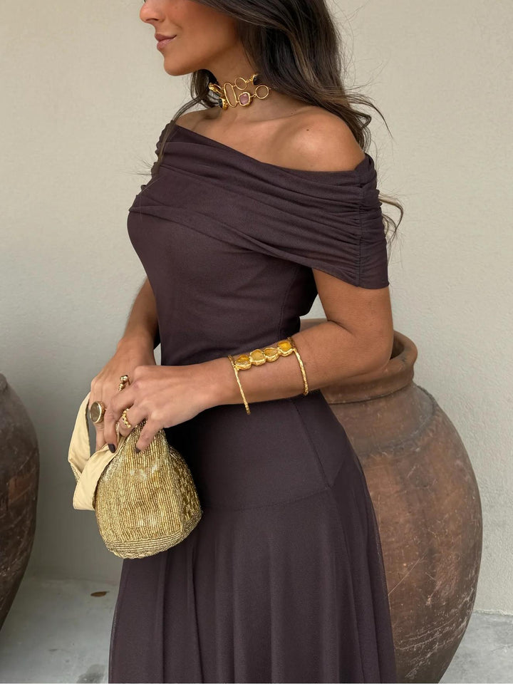 Elegant Mesh Maxi Dress for Women with Off Shoulder Short Sleeve Ruched Flowing Style