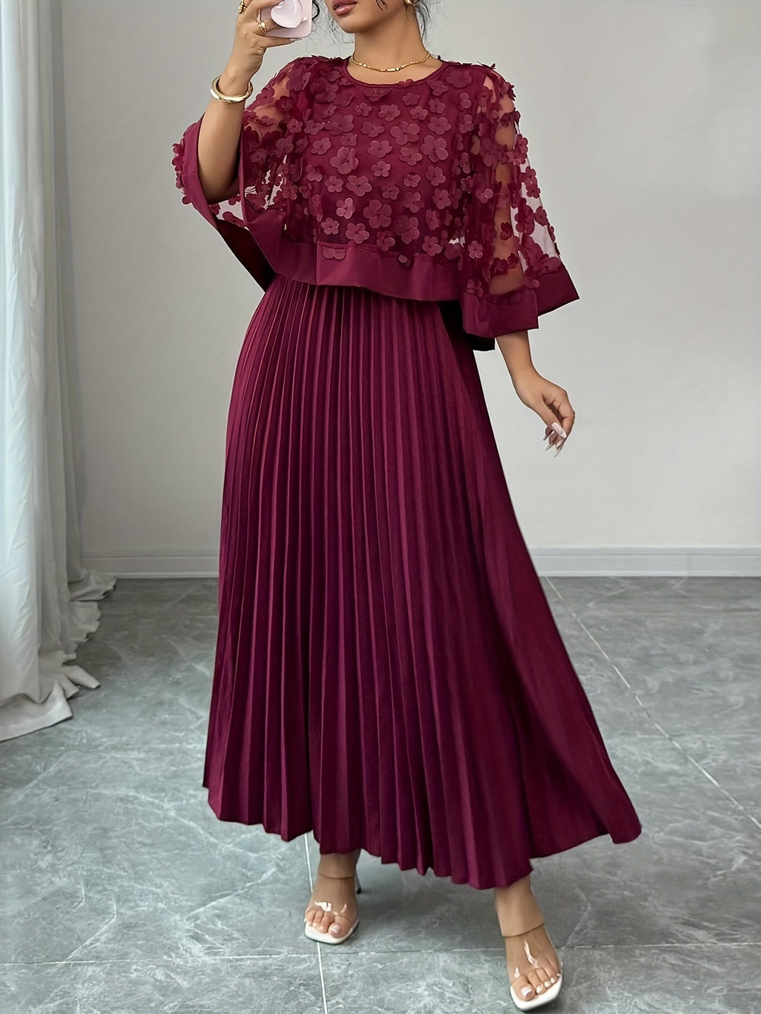 Elegant Floral Pleated Maxi Dress for Women with Round Neck Cape Sleeve Appliqué Flowing Formal Wedding Guest Style