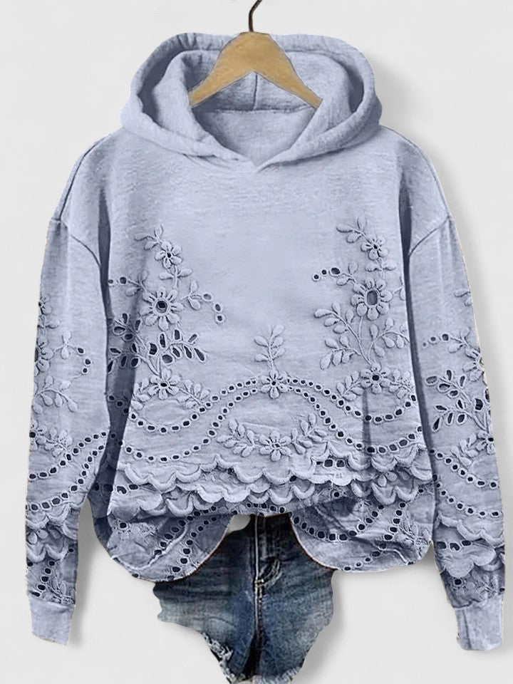 Effortless Floral Eyelet Hoodie for Women with Long Sleeve Scalloped Hem Cropped Casual Style