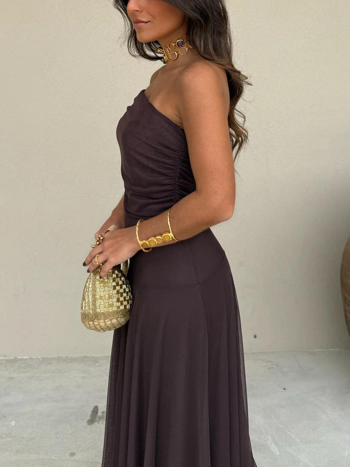 Elegant Mesh Maxi Dress for Women with Off Shoulder Short Sleeve Ruched Flowing Style