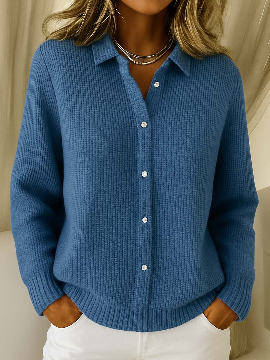 Comfortable Waffle Knit Blouse for Women with Collar Long Sleeve Button Front Relaxed Style