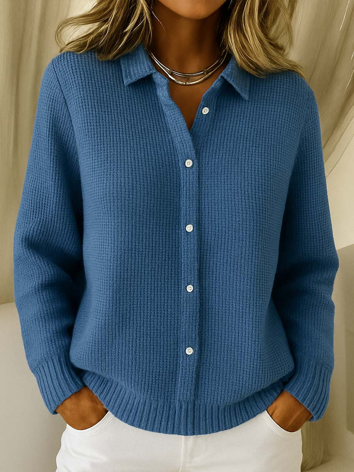 Comfortable Waffle Knit Blouse for Women with Collar Long Sleeve Button Front Relaxed Style