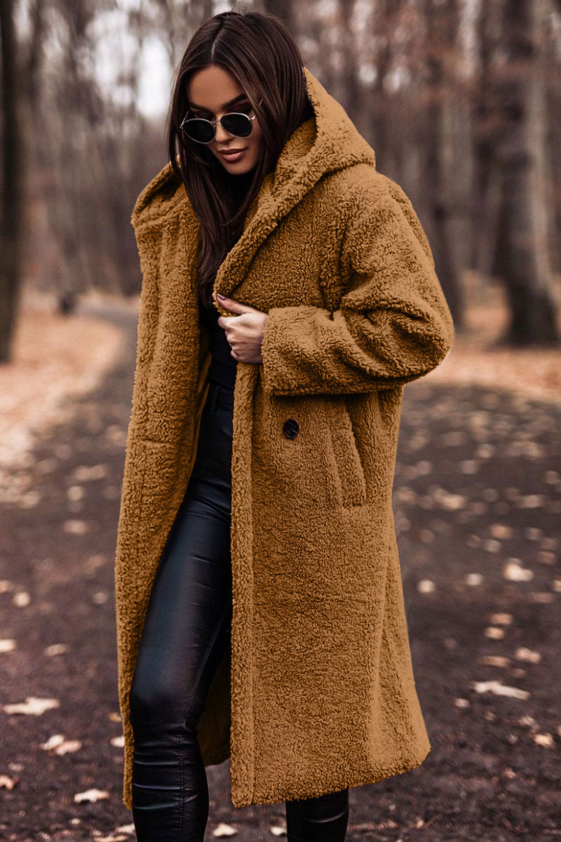 Effortless Shearling Coat for Women with Hooded Collar Long Sleeve Oversized Longline Style