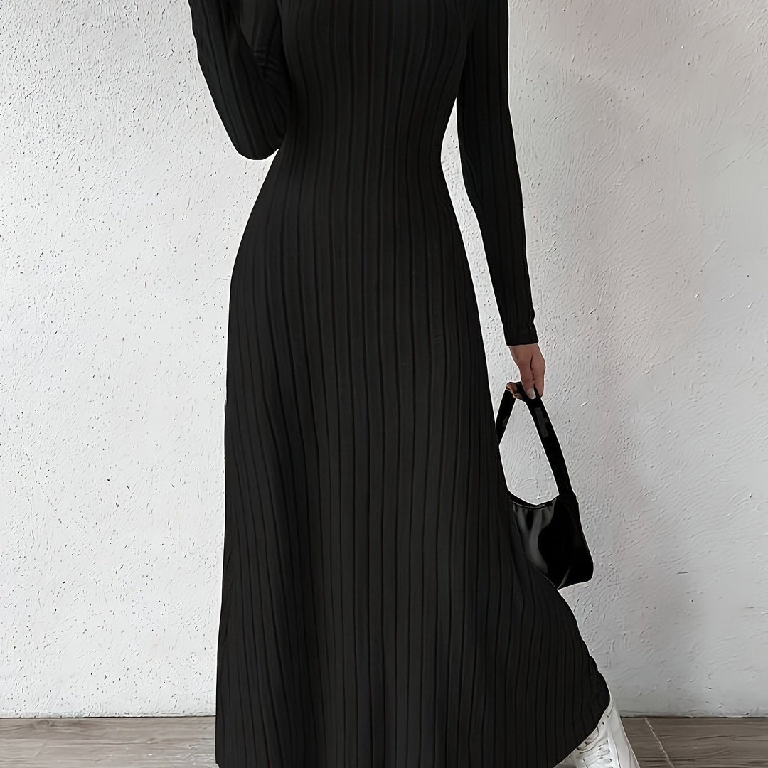 Elegant Ribbed Knit Maxi Dress for Women with V Neck Long Sleeve Fitted Flowing Style