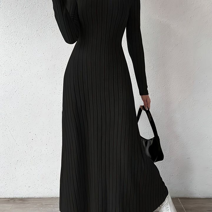 Elegant Ribbed Knit Maxi Dress for Women with V Neck Long Sleeve Fitted Flowing Style
