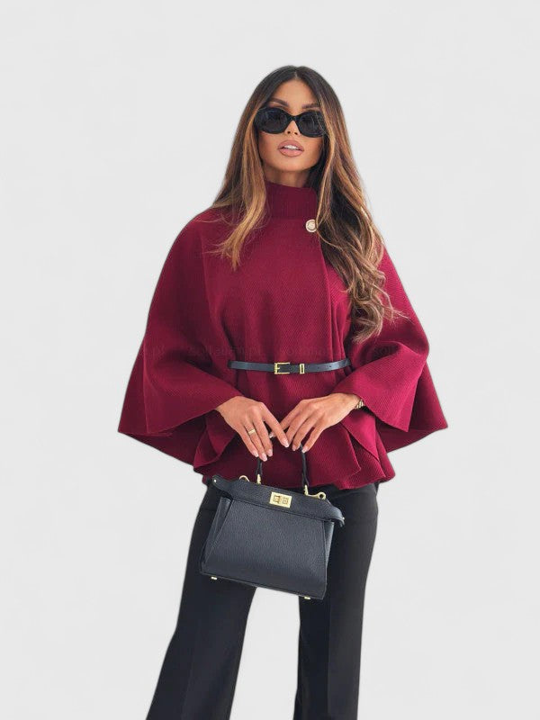 Elegant Textured Cape Jacket for Women with High Neck Bell Sleeve Belted Peplum Style