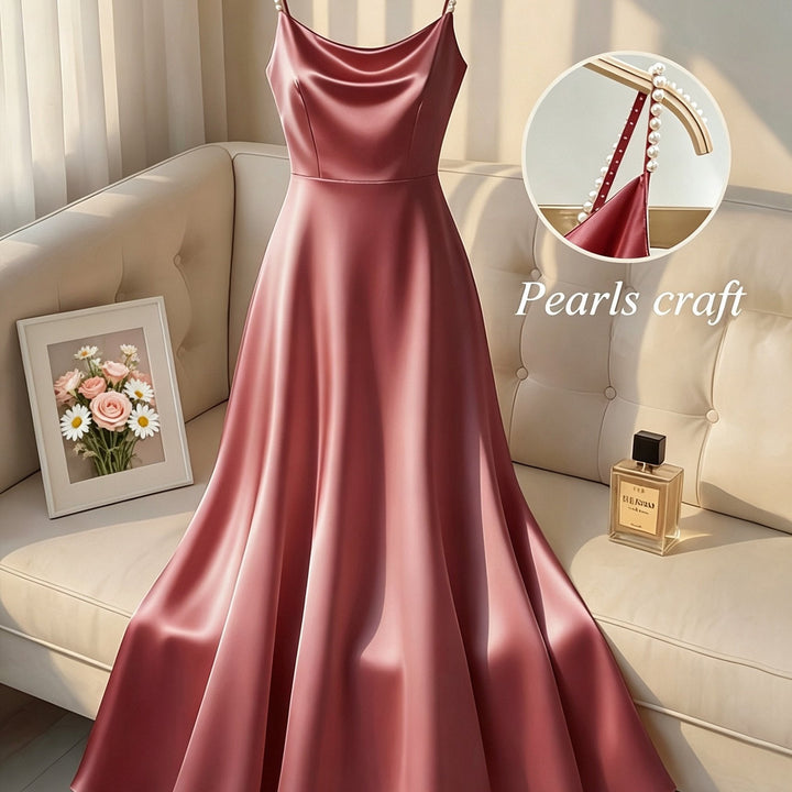 Elegant Satin Maxi Dress for Women with Cowl Neck Pearl Strap Flowing Formal Wedding Guest Style