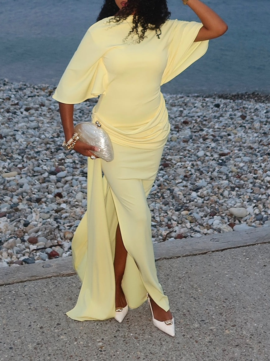 Elegant Yellow Maxi Dress for Women with High Neck Batwing Sleeve Backless Slit Style