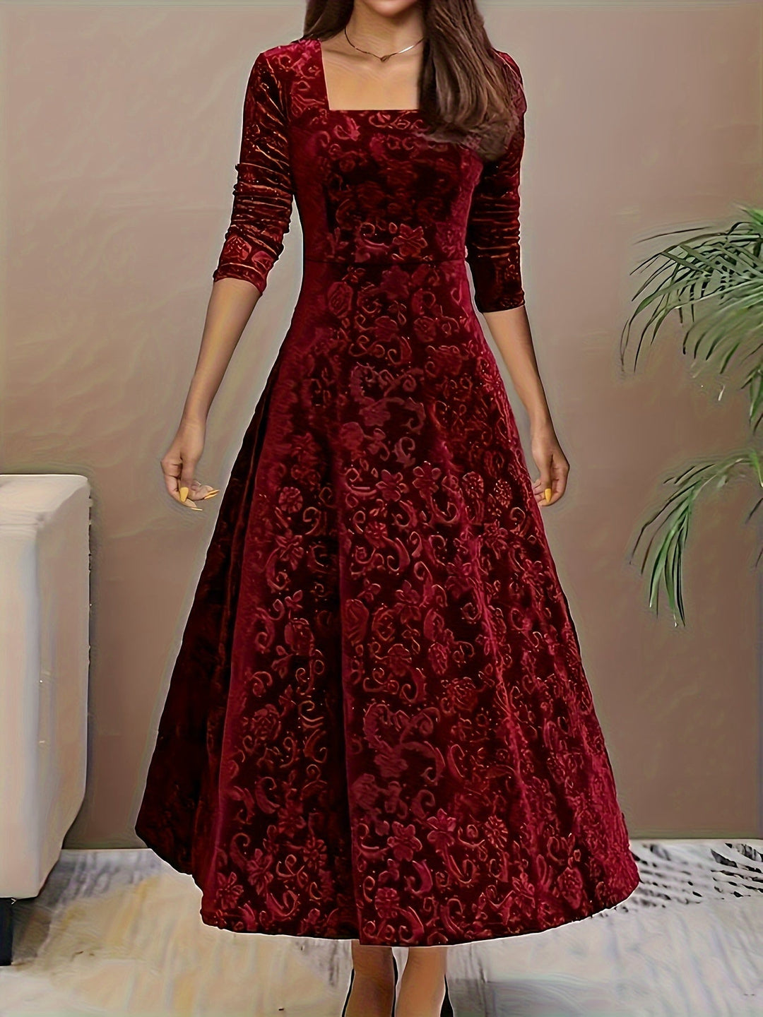 Elegant Velvet Floral Maxi Dress for Women with Square Neck Elbow Sleeve A Line Flowing Style
