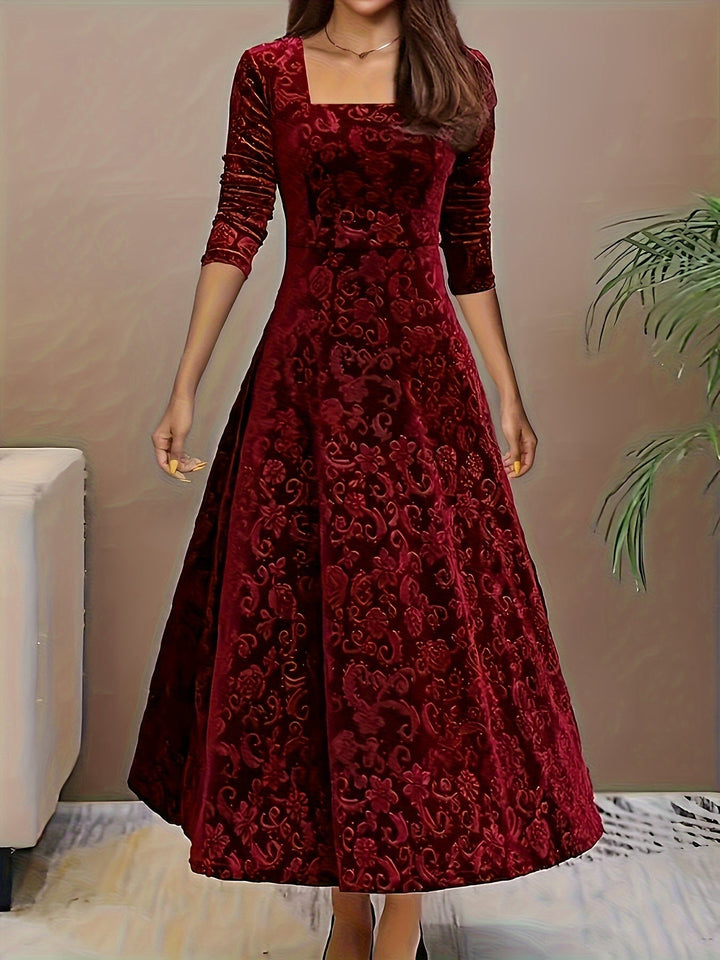 Elegant Velvet Floral Maxi Dress for Women with Square Neck Elbow Sleeve A Line Flowing Style